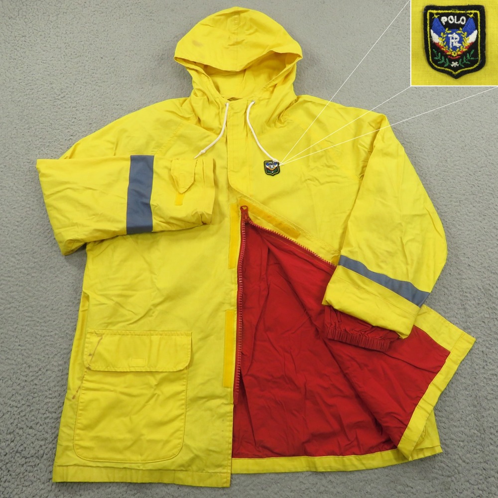 VTG Polo Ralph Lauren Fireman Jacket Men Large Yellow Crest Lined Windbreaker